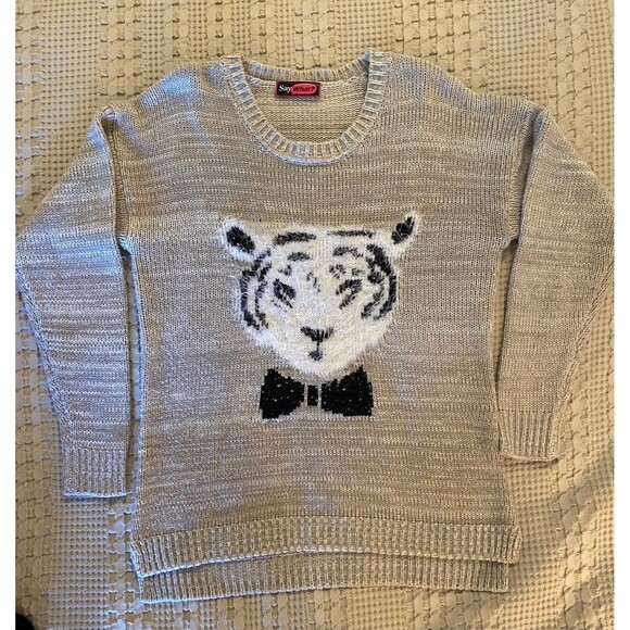 Say What? White Tiger Crew Neck Size Large Unique Holiday Fun Christmas Sweater - Picture 3 of 10